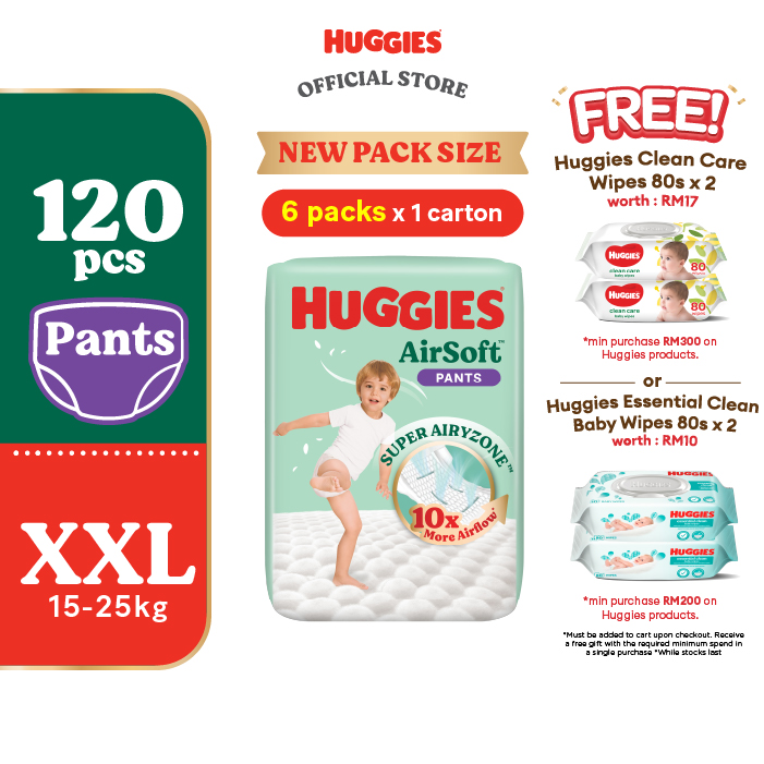 Huggies AirSoft Pants Diapers M38 / L30 / XL26 / XXL20 (6 packs) - Breathable and Soft Premium Diapers for Baby