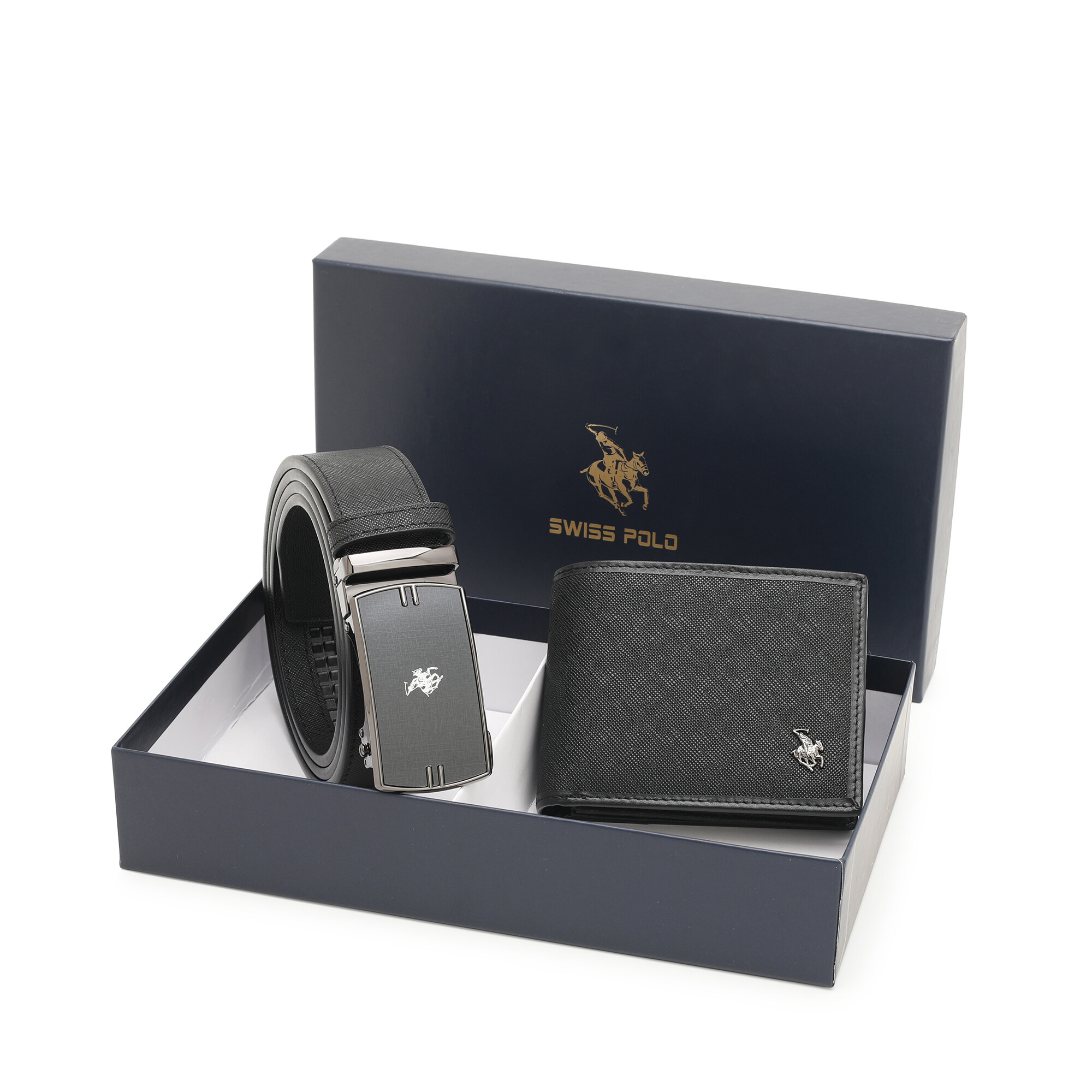 SWISS POLO Gift Set/ Box RFID Bifold Wallet With Belt SGS 561-2 BLACK