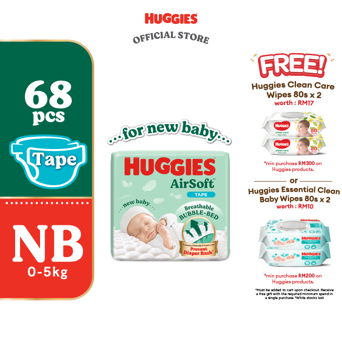 Huggies Airsoft Tape Diapers NB68/ S58 (1 Pack) - Breathable and soft premium diapers for baby