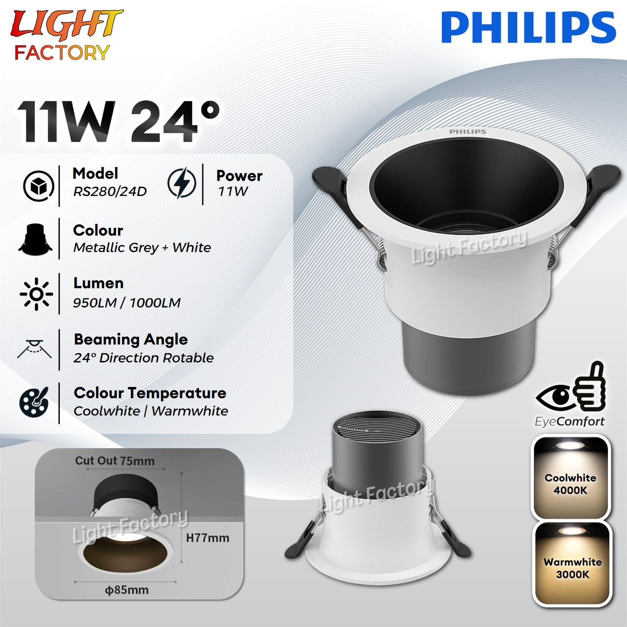 Philips LED Semi Recessed G2 LED Eyeball RS280 7W 11W Recess Eye Comfort Spotlight Coolwhite / Warmwhite Lampu Siling