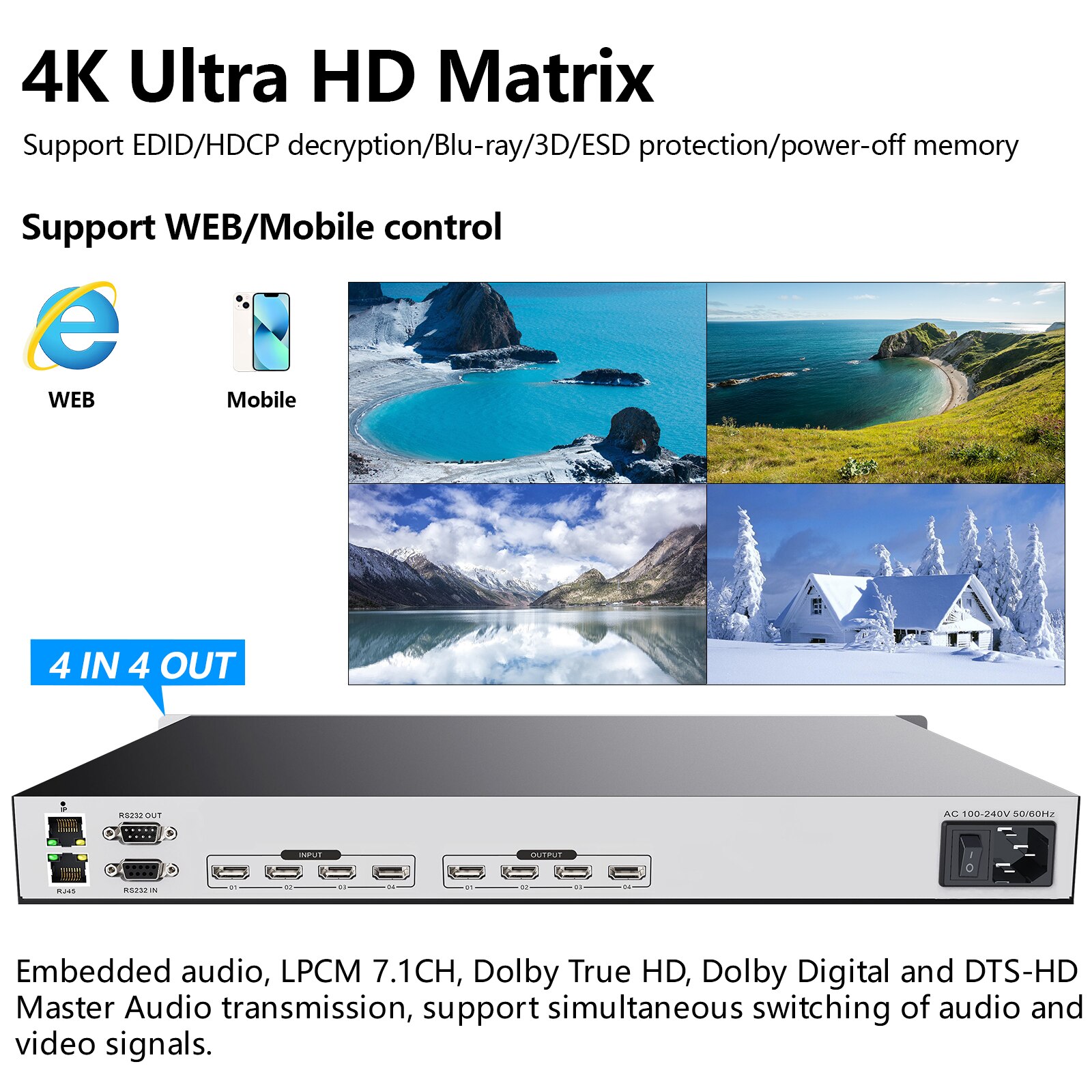 Matrix Switch HDMI 4x4 4K 30Hz Profesional HDMI Matrix Switch Splitter 4 in 4 out with HDMI Audio Video Switcher Web Control ราคา 8,285 บาท*ส่งฟรี