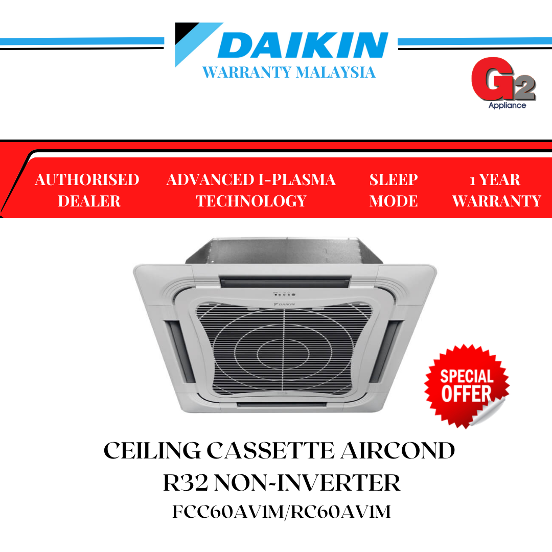 DAIKIN 2.5HP NON INVERTER CEILING CASSETTE AIR COND R32 FCC60AV1M / RC60AV1M (AUTHORISED DEALER)