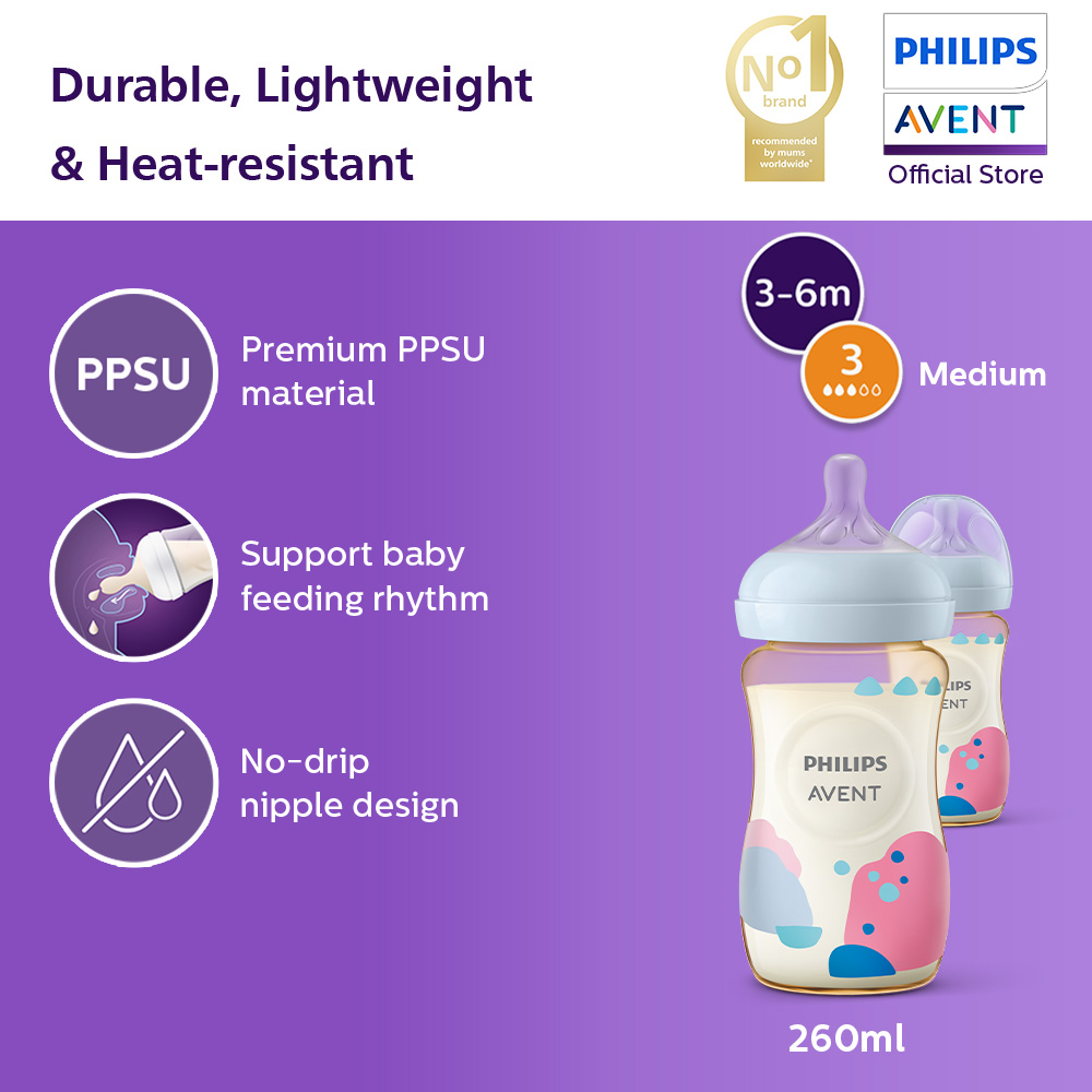 [New] Philips Avent Natural PPSU Baby Bottle 3 - 6m Flow 3 (9oz/260ml x 2 bottles) SCY943/02