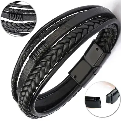Wgk Leather Bracelet Men Bangles for Mens Magnetic-Clasp Cowhide Braided Multi Layer Wrap Bracelet Man