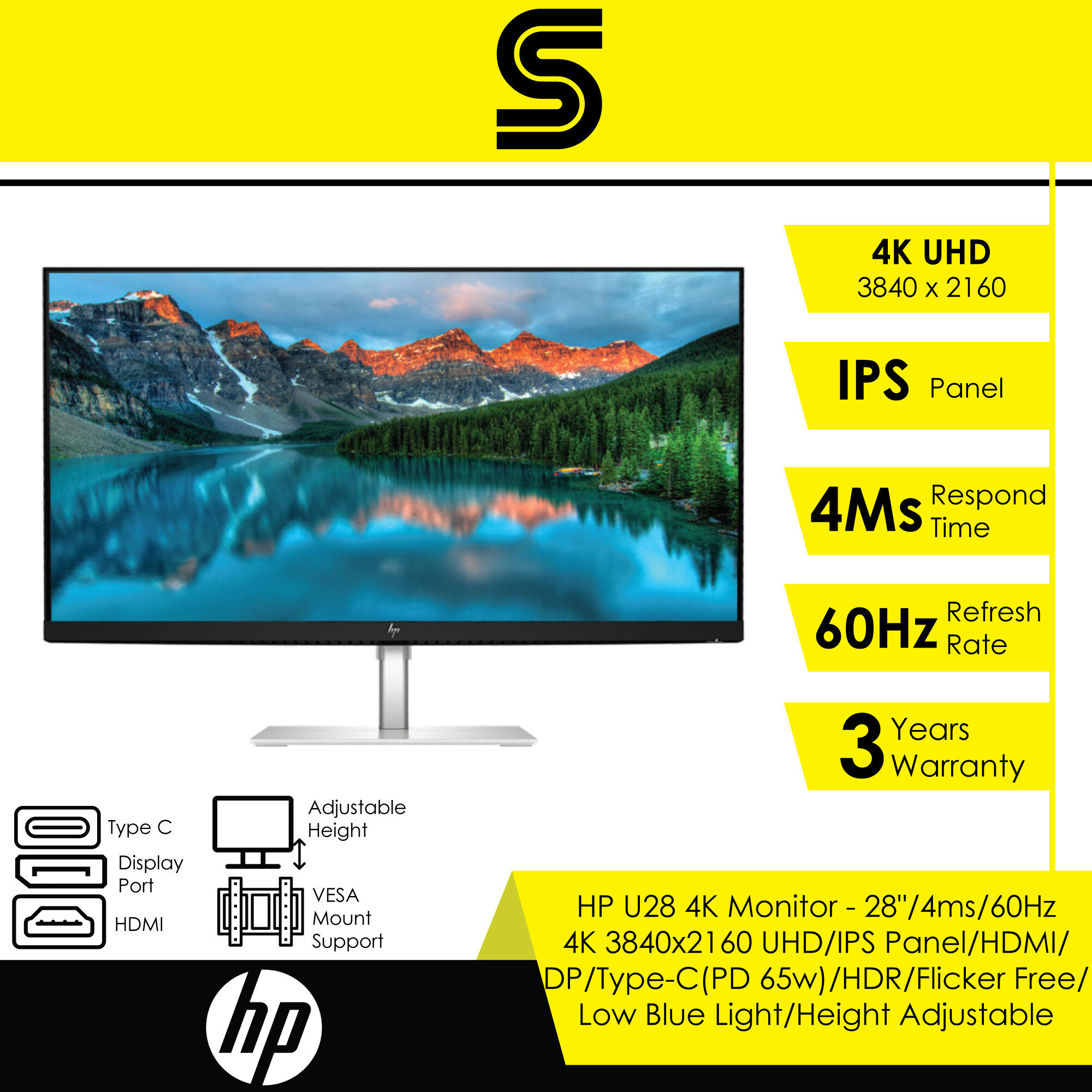 HP U28 4K Monitor - 28"/4ms/60Hz/4K 3840x2160 UHD/IPS Panel/HDMI/DP/Type-C(PD 65w)/HDR/Flicker Free/Low Blue Light/Height Adjustable