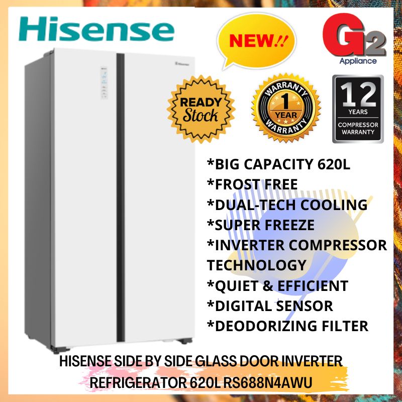 HISENSE (READY STOCK) SIDE BY SIDE GLASS DOOR INVERTER REFRIGERATOR