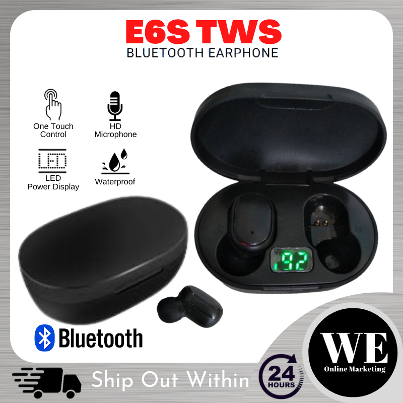 (Ready Stock) E6S TWS Bluetooth Earphone ? Twin Wireless Stereo Earbud Earfon Handsfree Headset Earpiece Touch Sensor Control HiFi Sport Super Bass with Mic Waterproof Water Resistant In-Ear Android iOS LED Digital Display