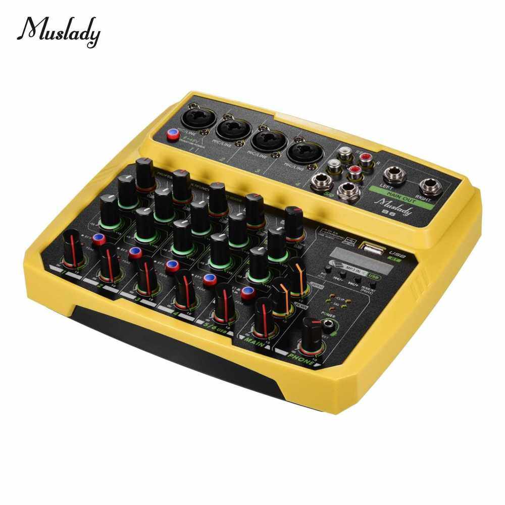 Muslady B6 Portable 6 Channels Audio Mixer USB Mixing Console Supports BT Connection with Sound Card Built-in 48V Phantom Power (Yellow)