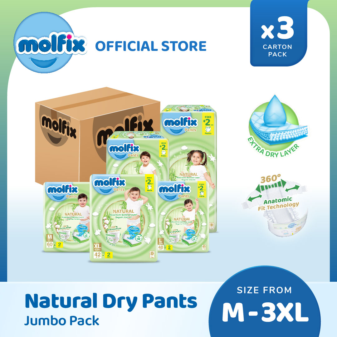 Molfix Natural Pants Jumbo Pack x3 (M62/L50/XL44/XXL38/XXXL22) (Carton)