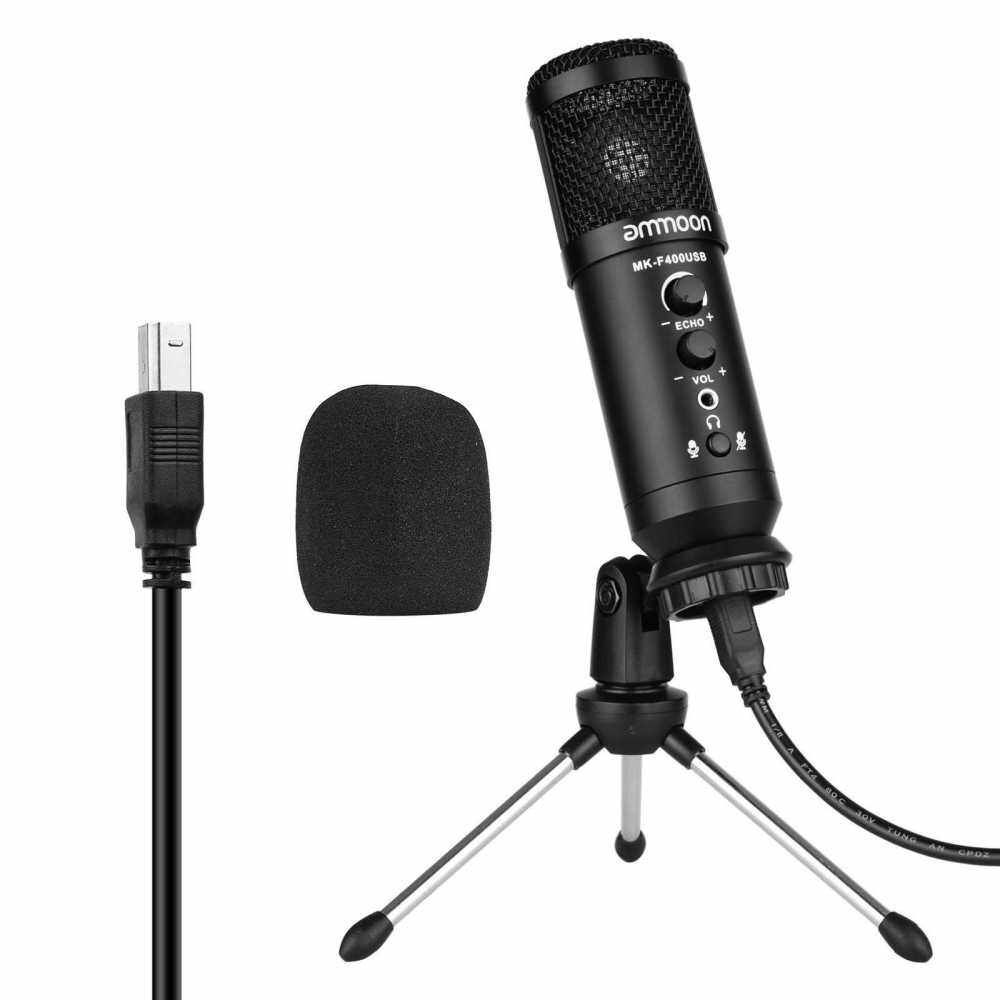 ammoon USB Condenser Microphone Computer Mic Kit with Mini Desktop Metal Tripod Stand Windscreen USB Cable for Music Recording Live Streaming Online Singing Meeting Teaching Game (Black)