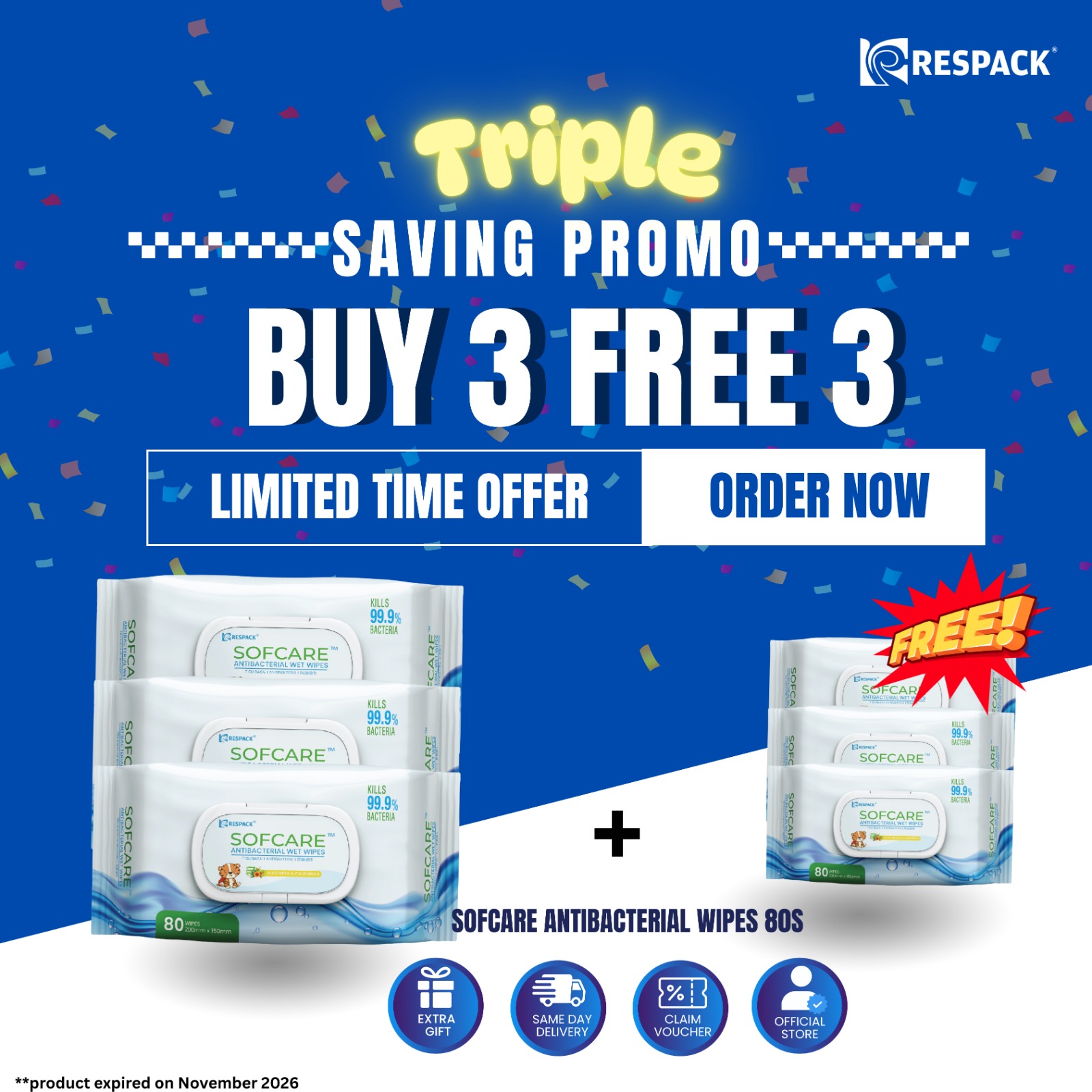 TRIPLE SAVINGS PROMO [BUY 3 FREE 3] SOFCARE™Antibacterial Wipes | Baby Wipes Wet Tissues 80s
