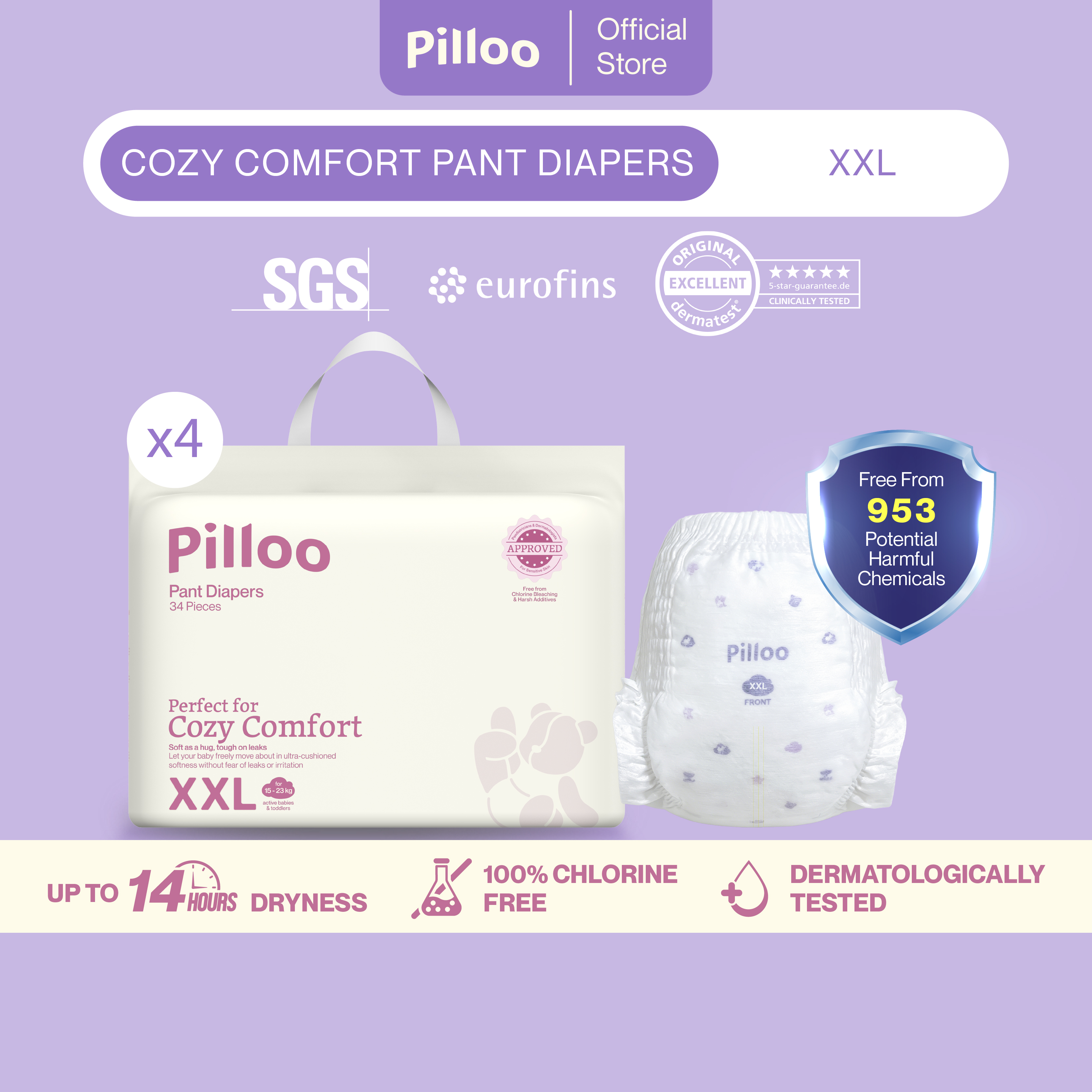 Pilloo Cozy Comfort Baby Pants Diapers M176/L160/XL152/XXL136 (Bundle of 4)