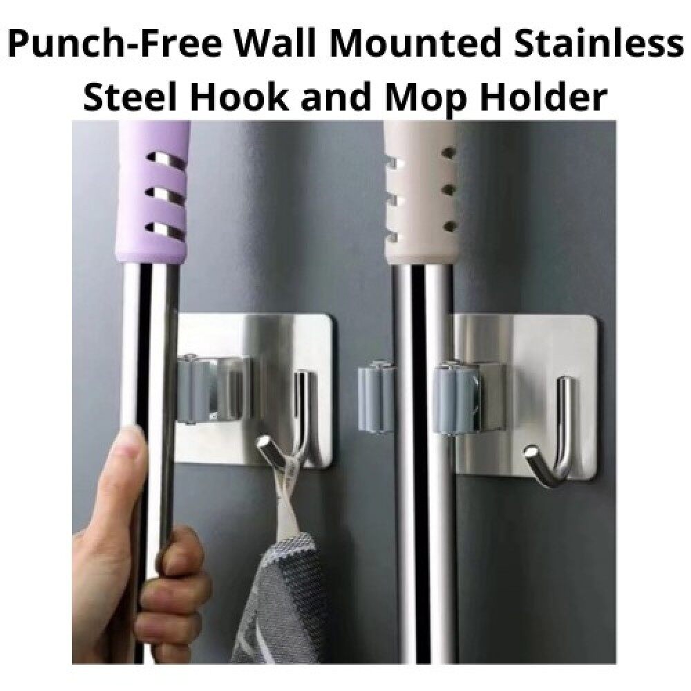 [ Local Ready Stocks ] Punch-Free Wall Mounted Mop Organizer Stainless Steel Hook and Mop Holder ( With Hook )