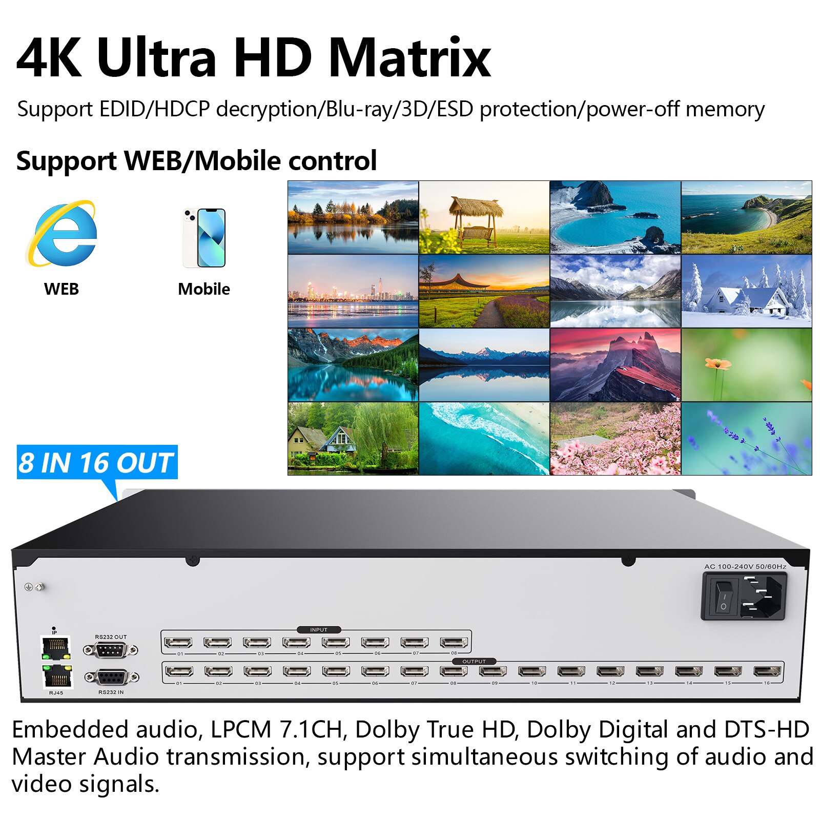 Matrix Switch HDMI 8x16 4K 30Hz 1080P120Hz Profesional Matrix Switch Splitter8 in 16 out HDCP Blu-ray 3D WEB/Panel/Remote Contro ราคา 19,433 บาท*ส่งฟรี