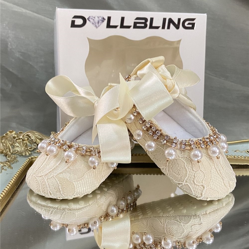{Love ballet} Handmade Vintage Lace Baby Girl Ballet Crib Shoes Luxury Infant Pearls Dress Baptism Gown Outfit Shoes with Headband