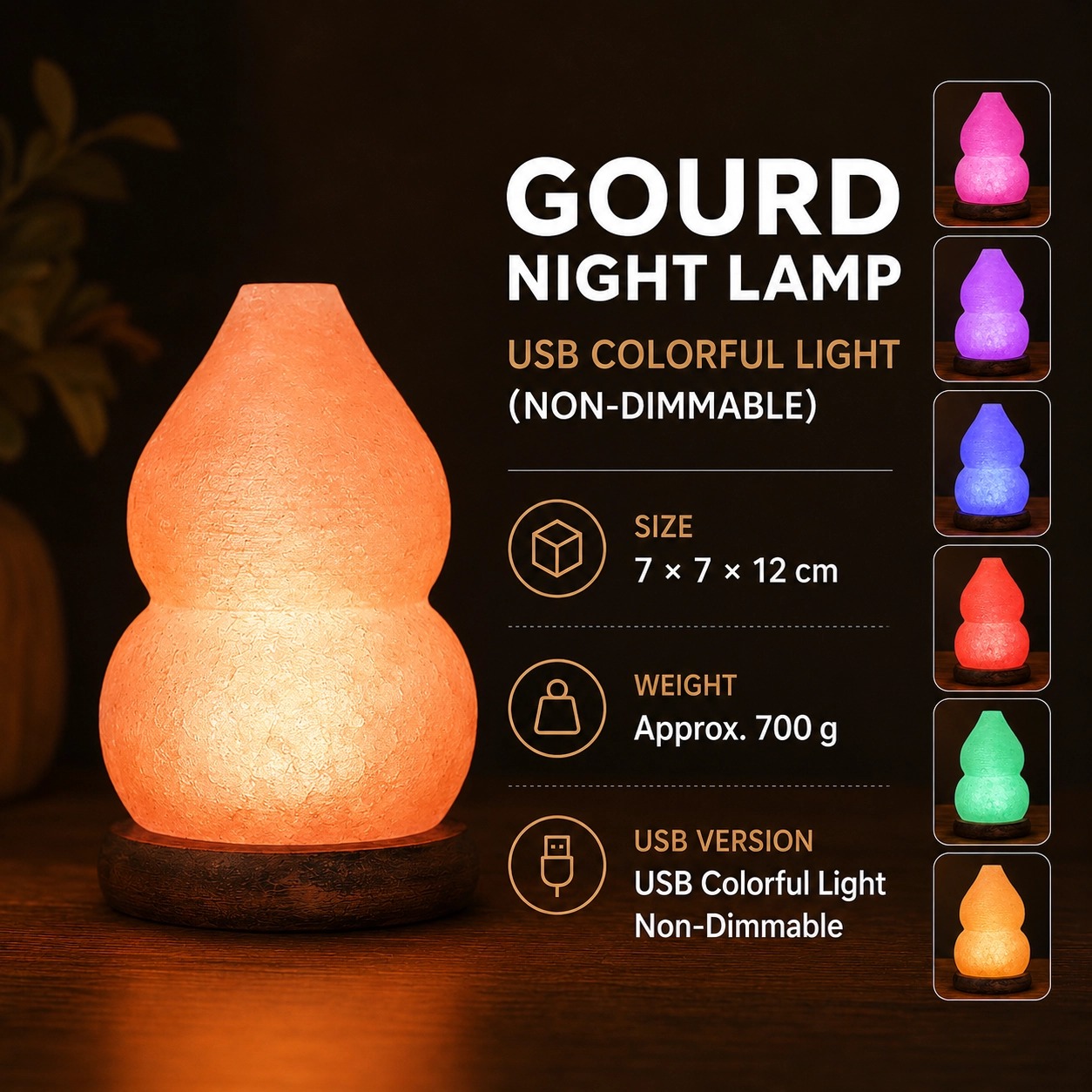 Gourd Himalayan Salt Lamp 2-3kg Dimmable Warm Light Natural Crystal Bedroom Night Light Decor