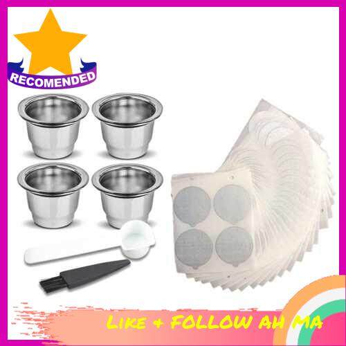 Best Selling Stainless Steel Fillable Coffee Capsules Set Reusable Coffee Capsule Cup Filter Kit with 100pcs Self Adhesive Aluminum Foil Sticker Compatible with Nespresso U CitiZ Pixie Le Cube Maestria Lattissima Inissia Concept Essenza Coffee Machine (1