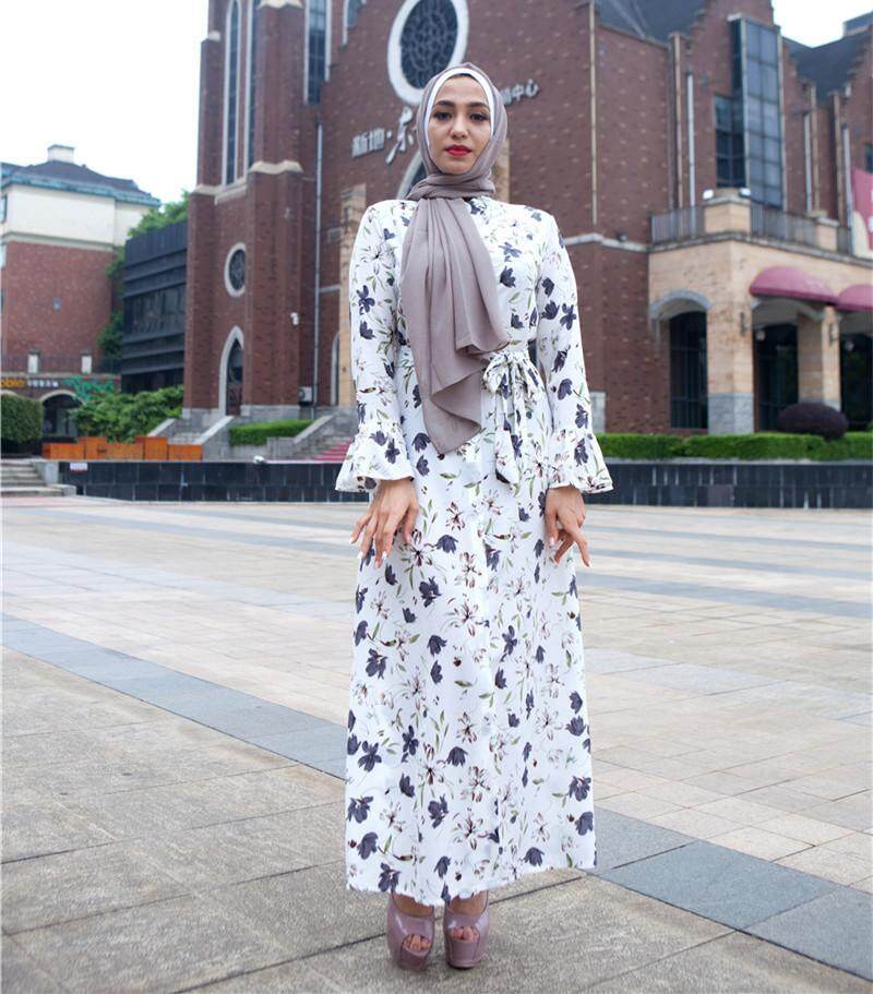 New Collection LR112 new Muslim trumpet sleeve print dress fashion cardigan full buckle pedal print dress Terbaik New Collection LR112 new Muslim trumpet sleeve print dress fashion cardigan full buckle pedal print dress Terbaik