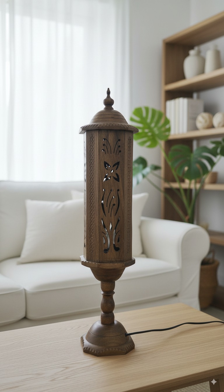 Premium Handmade (HSF-001LAMP-02) Wooden Table Lamp for Living Room/ Bedroom – Vintage Carved Design | Home Décor & Ambient Lighting for Home