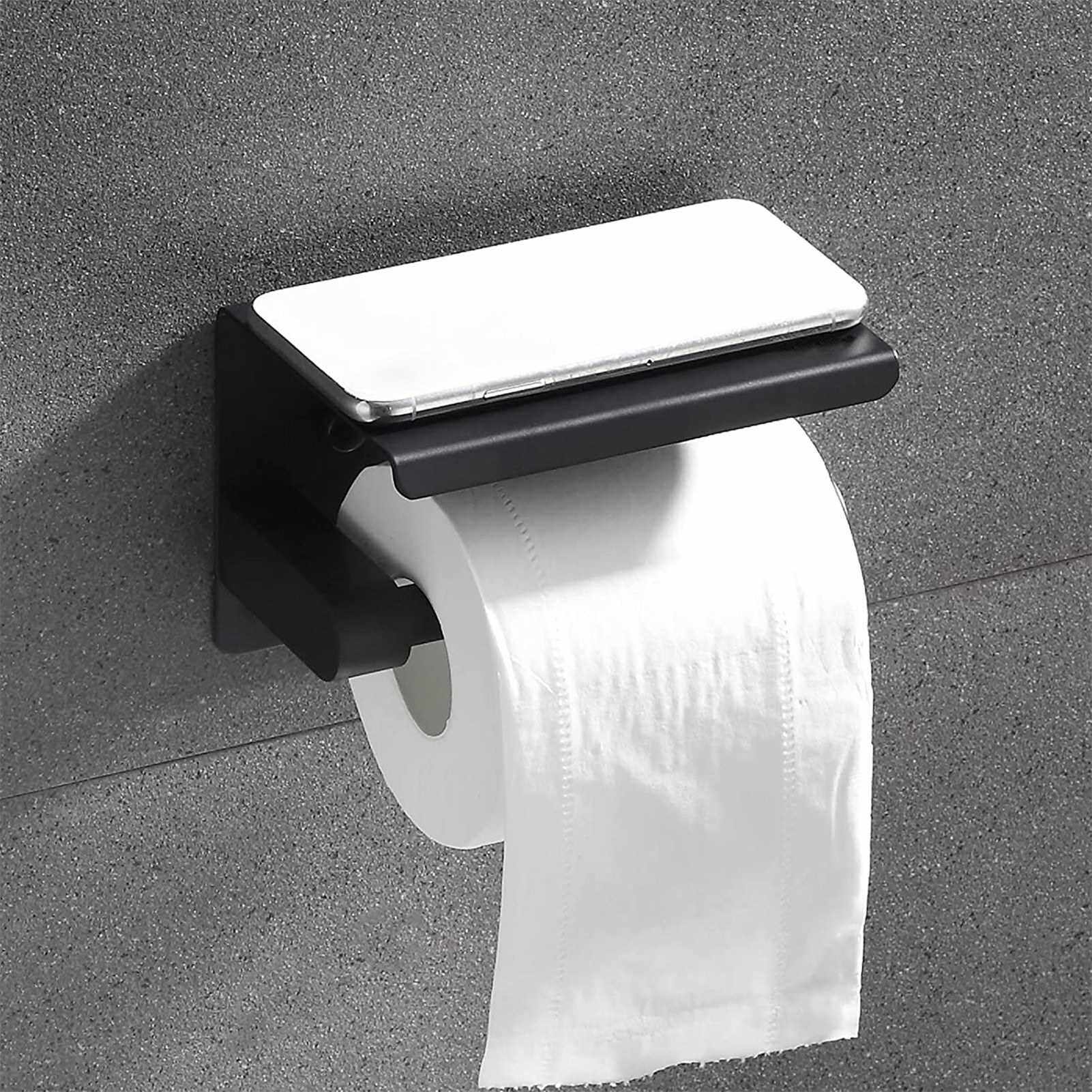 Matte Black Tissue Roll Dispenser Storage Stainless Steel Paper Holder for Bathroom Single Roll Toilet Paper Holder Wall Mount with Shelf (Black)