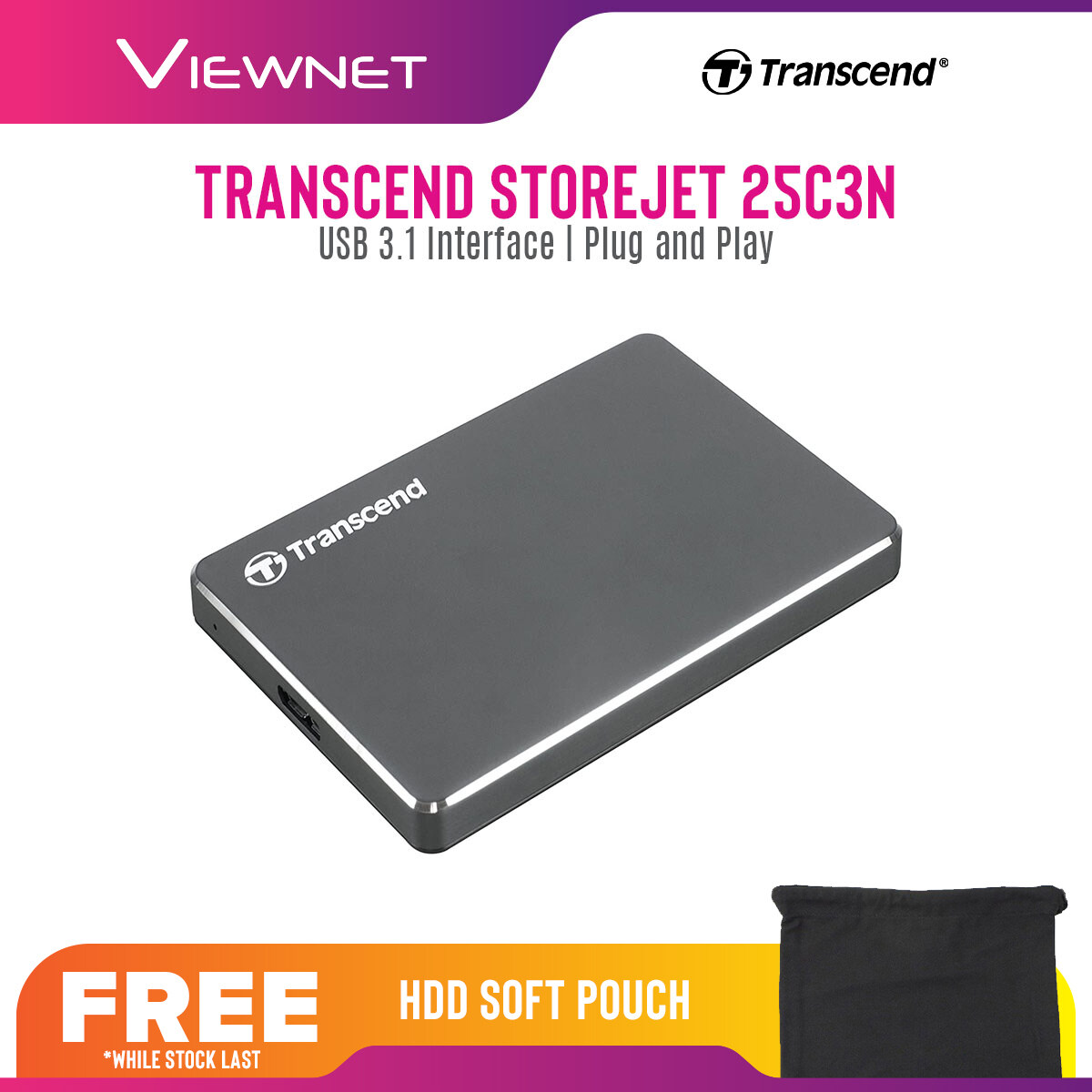 Transcend Portable Hard Drive StoreJet 25C3N with Slim Design, USB 3.1 Gen 1 Interface, Up To 5Gbps Trasnfer Speed, Manage data with Transcend Elite Software