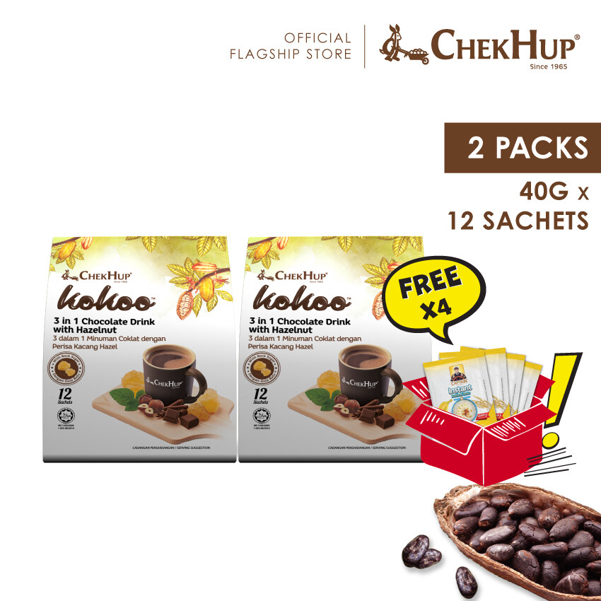 Chek Hup Kokoo 3 in 1 Chocolate Drink with Hazelnut (40g x 12’s) [Bundle of 2 Packs]