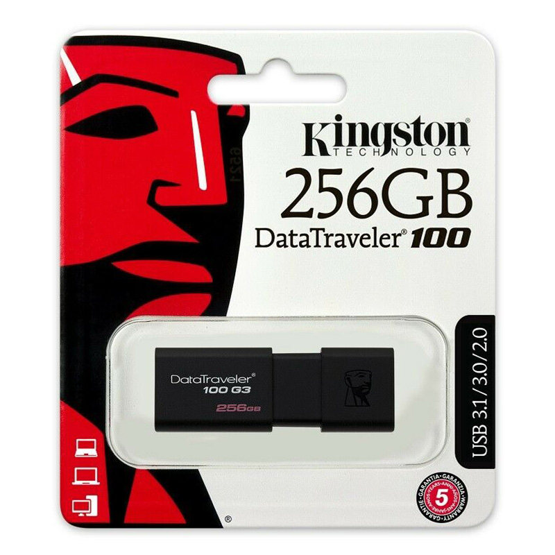 Kingston DataTraveler 100 G3  256GB Pen Drive USB 3.1 Gen 1 (USB 3.0) Flash Drive (DT100G3) USB 2.0 Compatible Windows & Mac Compatible Five-Year Warranty Stylish Black-on-Black Sliding Cap Design Pendrive