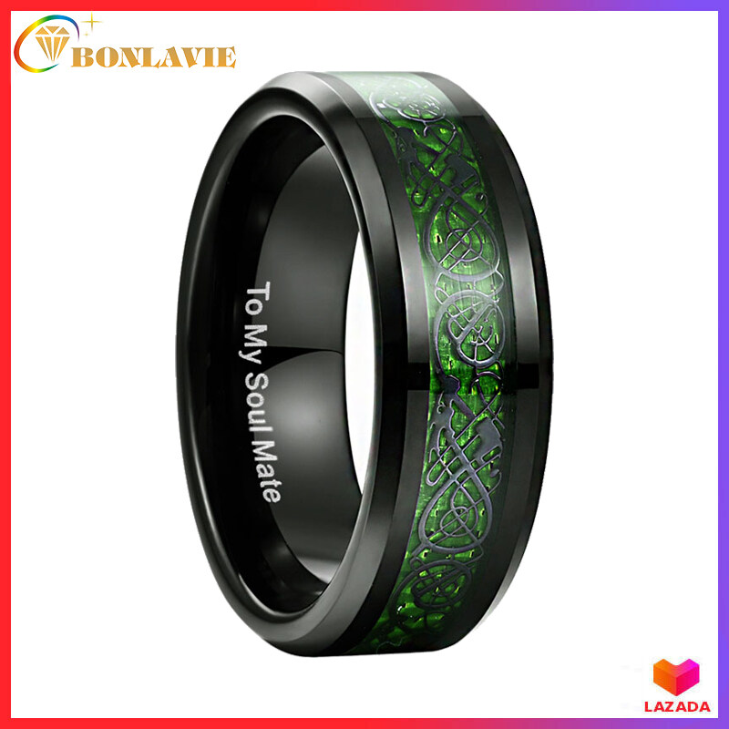 BONLAVIE Genuine Tungsten Carbide Ring Black Celtic Dragon Green Carbon