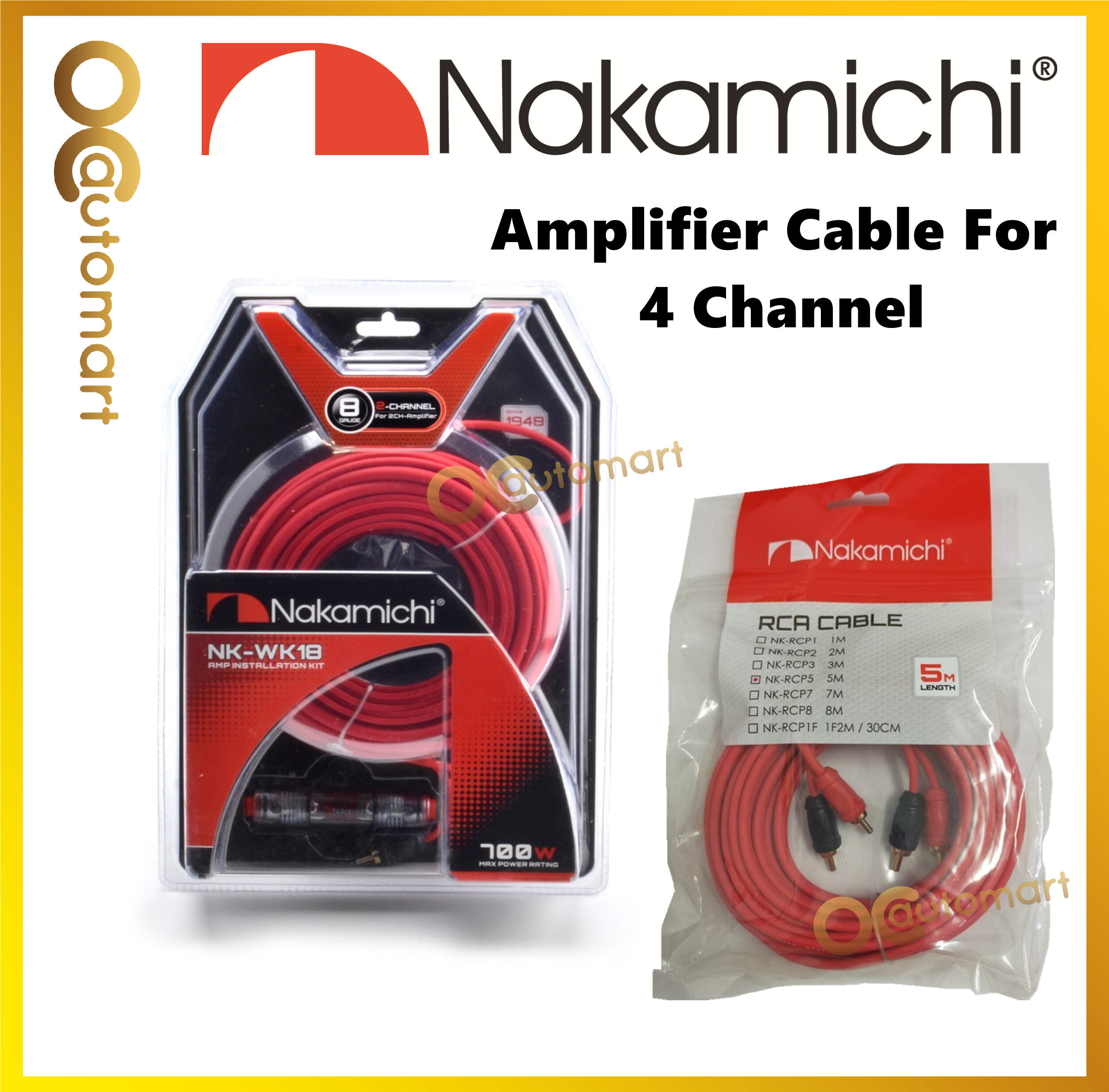 Nakamichi 4 Channel Cable Set 8GA Wiring Kit NK-WK18 With NK-RCP5 5 Meter RCA Cable Set For Amplifier 4-Channel