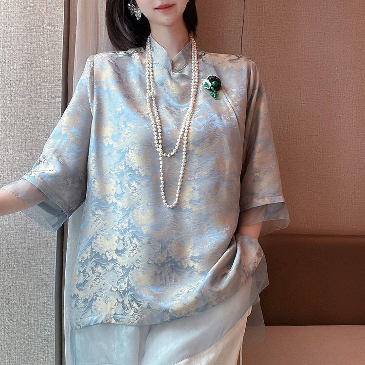 Mới Trung Quốc Ánh Sáng phong cách dân tộc Top Màu Xanh Thanh Lịch Thời Trang Thoải Mái Phong Cách Collated Organza Áo sơ mi in hình Phụ Nữ