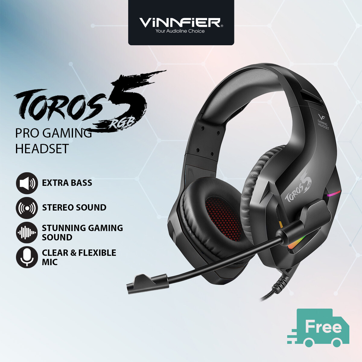 Vinnfier Toros 5 Pro Gaming Headset Extra Bass RGB LED Light Stereo Sound With Mic For Smartphones Tablets and Computer