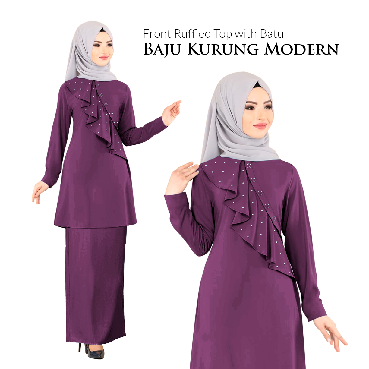 New Collection KM Fashion Front Ruffled Top with Batu Baju Kurung Modern (Hot Item) (New Arrival) Terbaik