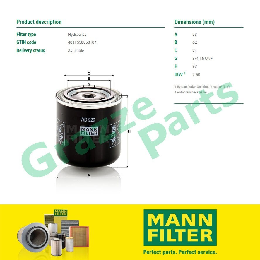 100 Original Mann Hydraulics Steering Transmission Oil Filter WD920 WD 920 For Sullair F Series