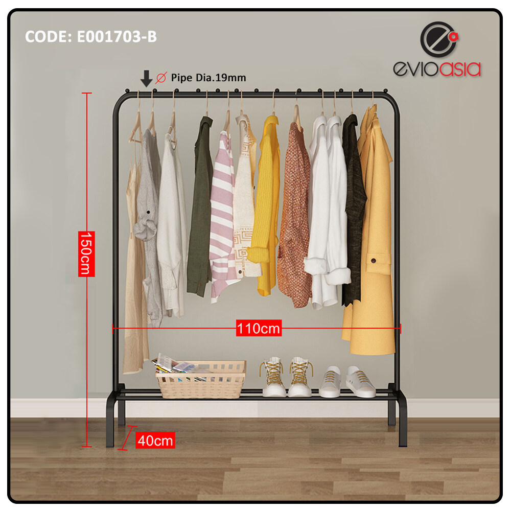 Anti Rust Portable Metal Clothes Drying Rack with Bottom Shelf and Hanger Stopper Rak Baju, Single Pole