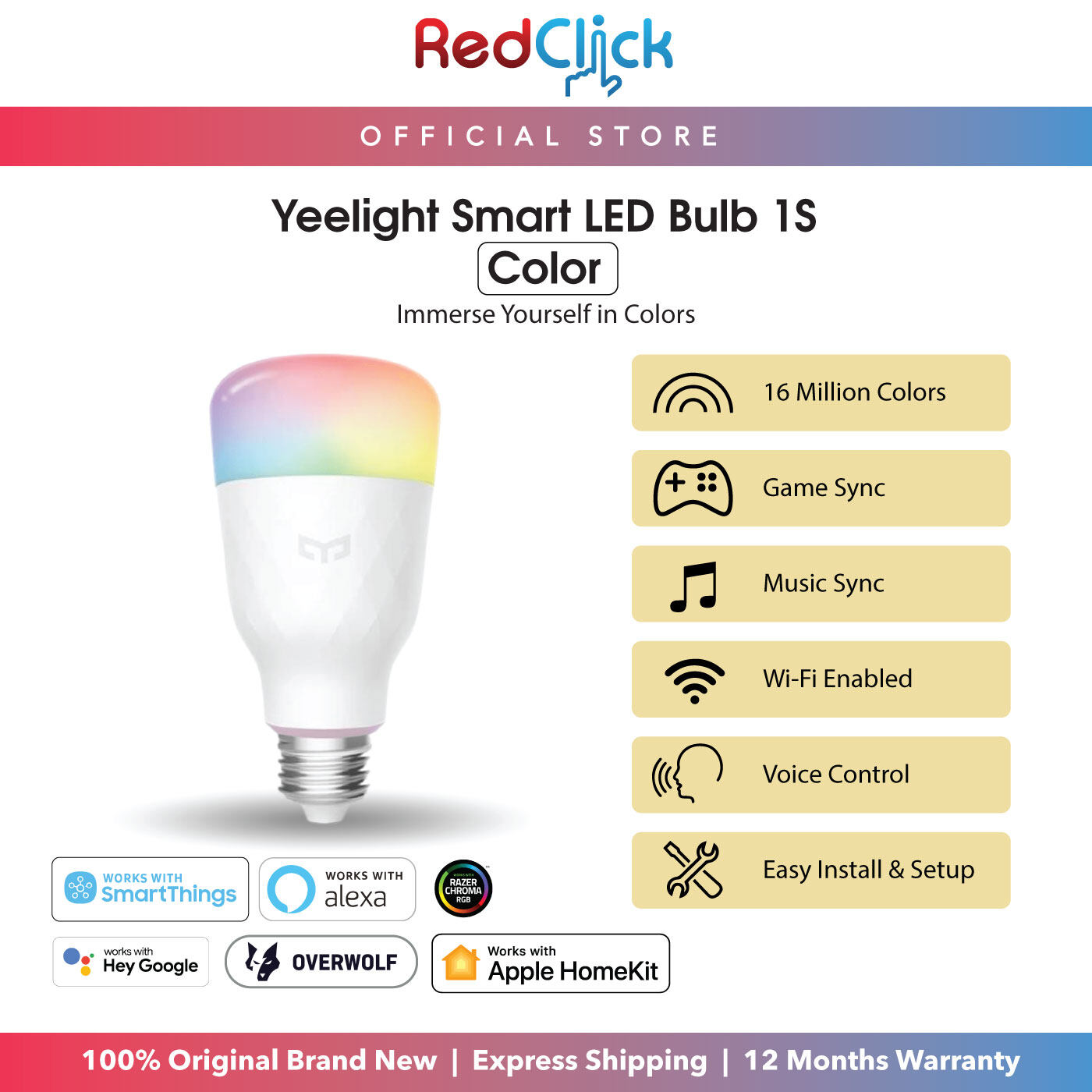 Yeelight Smart LED Bulb 1S 16M Colors Musics Sync Energy Saving Low Power Consumption Easy Setup Support Smart Home App Control