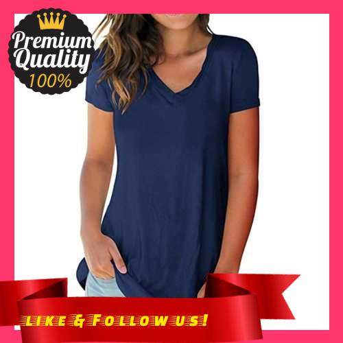 People's Choice New Fashion Women T-shirt Solid Color V Neck Short Sleeve Rounded Hem Long Casual Party Wear Summer Tops (Royal Blue)