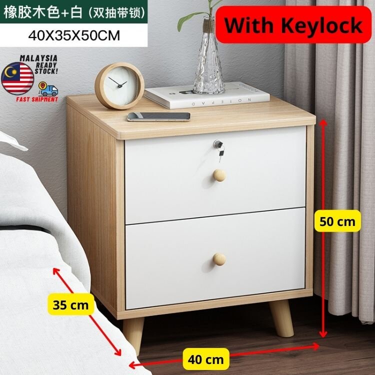 ROAM 2 Drawer Side Table with Locker End Table Meja Tepi Sisi Lock Bedside Table Cabinet Nightstand White Oak Color 2 layer chest drawer with high rise leg with locker wardrobe storage cabinet