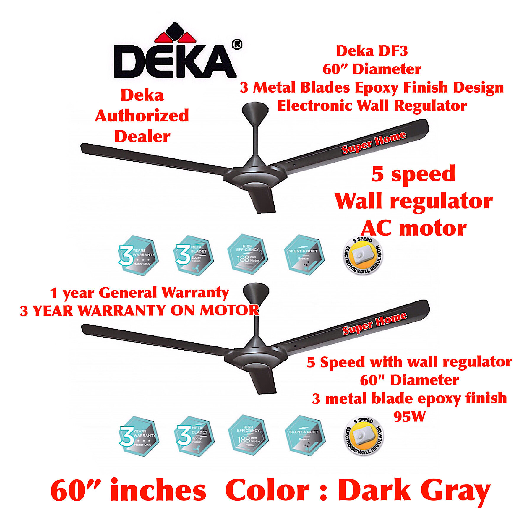 [2 unit] Deka DF3 (Dark Gray) 60 inch 3 Metal Blades 5 speed Electronic Wall Regulator Ceiling Fan - Dark Grey