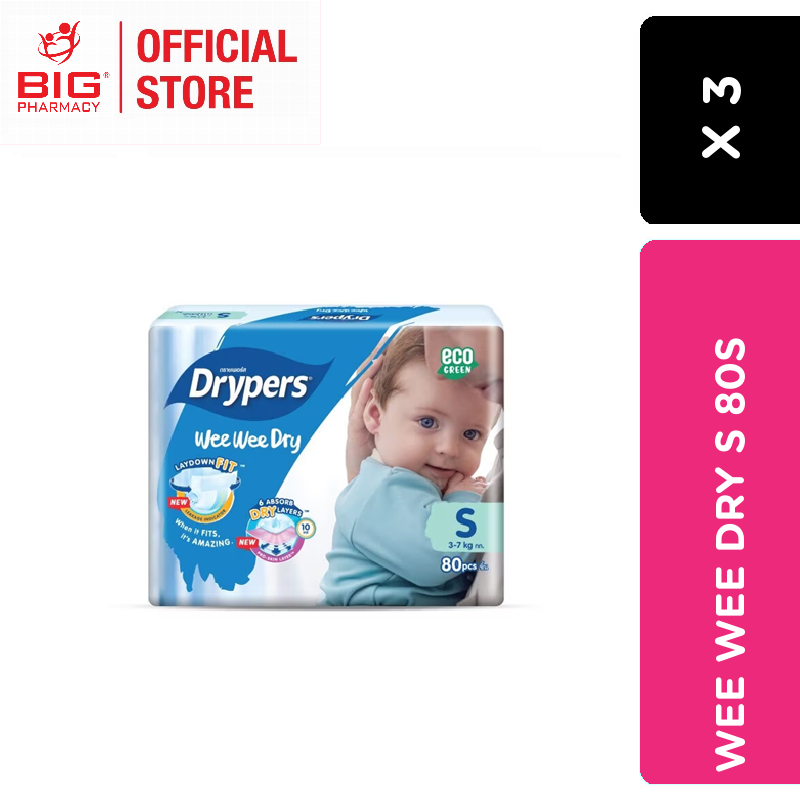 DRYPERS WEE WEE DRY NB80/ S80/M60/L58/XL50/XXL40 x 3