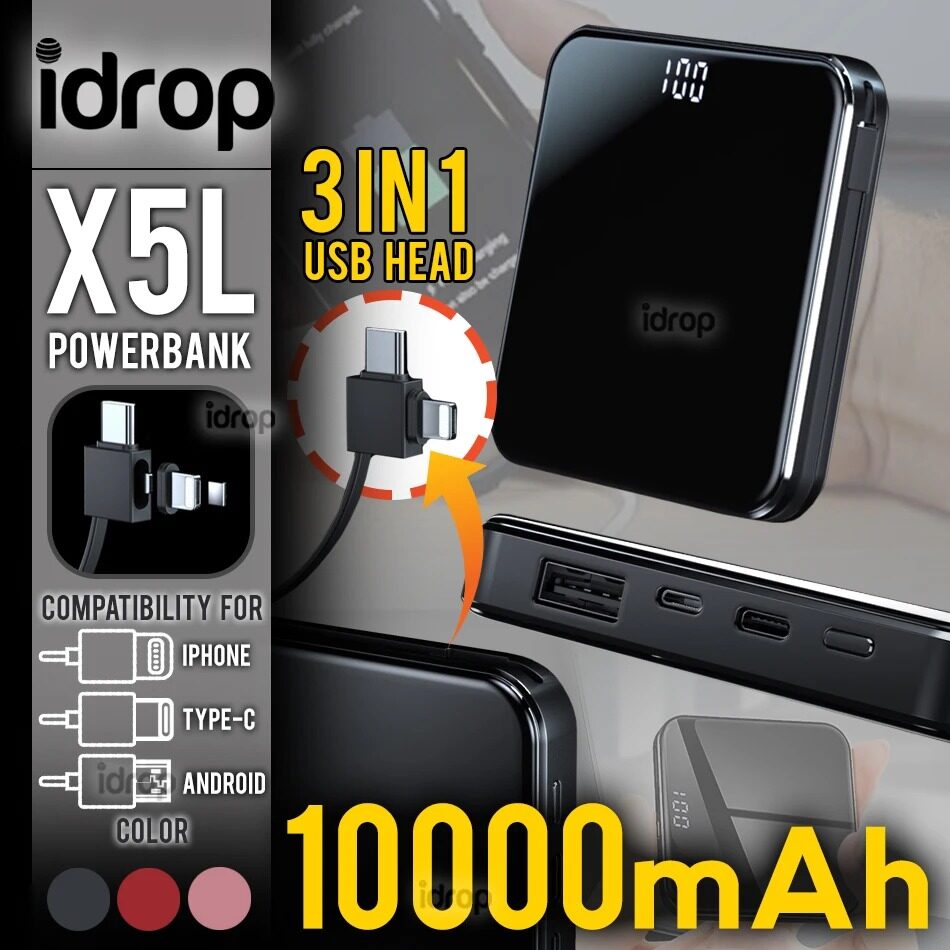 idrop 10000mAh X5L - Mini Portable Fast Charge Powerbank with Cable Compatible for [ Android / iPhone / Type C ]