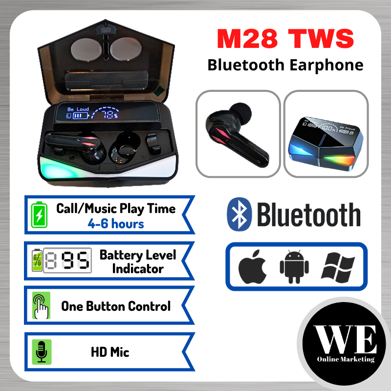 (Ready Stock) M28 TWS Bluetooth Earphone - Twin Wireless Stereo Earbud Earfon Handsfree Headset Earpiece Touch Sensor Control HiFi Sport Super Bass with Mic Waterproof Water Resistant In-Ear Android iOS Gaming LED Digital Display
