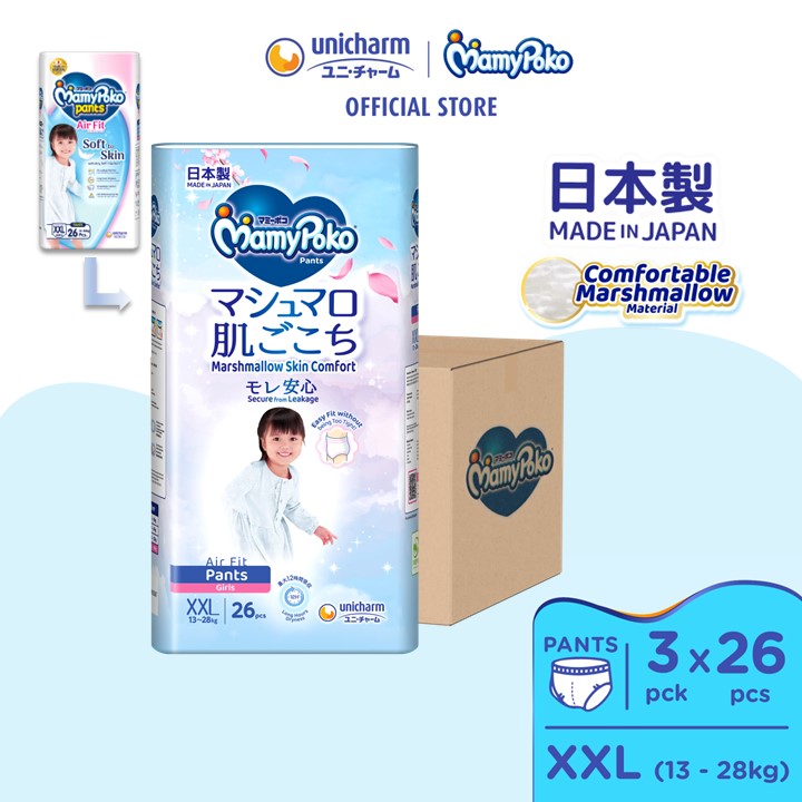MamyPoko Air Fit Marshmallow Pants Super Premium Baby Diapers [GIRL] XXL26 (3 Packs) (13 - 28kg)