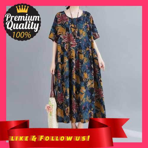 People\'s Choice Women Vintage Dress Floral Print Pockets Mid-Calf Loose O-Neck Short Sleeves Dress Plus Size Casual (Yellow)