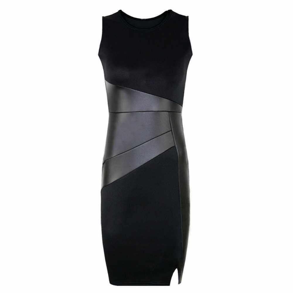 New Celebrity Women Dress PU Leather Splice Round Neck Sleeveless Elegant Slim Party Dress Black (Bs)