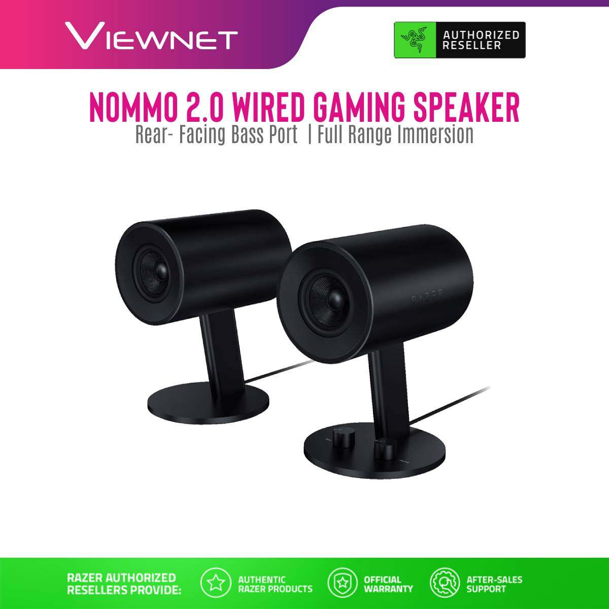 Razer 2.0 Nommo Gaming Speaker (RZ05-02450100-R3W1), 3.5mm Jack, Custom Woven Glass Fiber 3-inch drivers for power and clarity.
