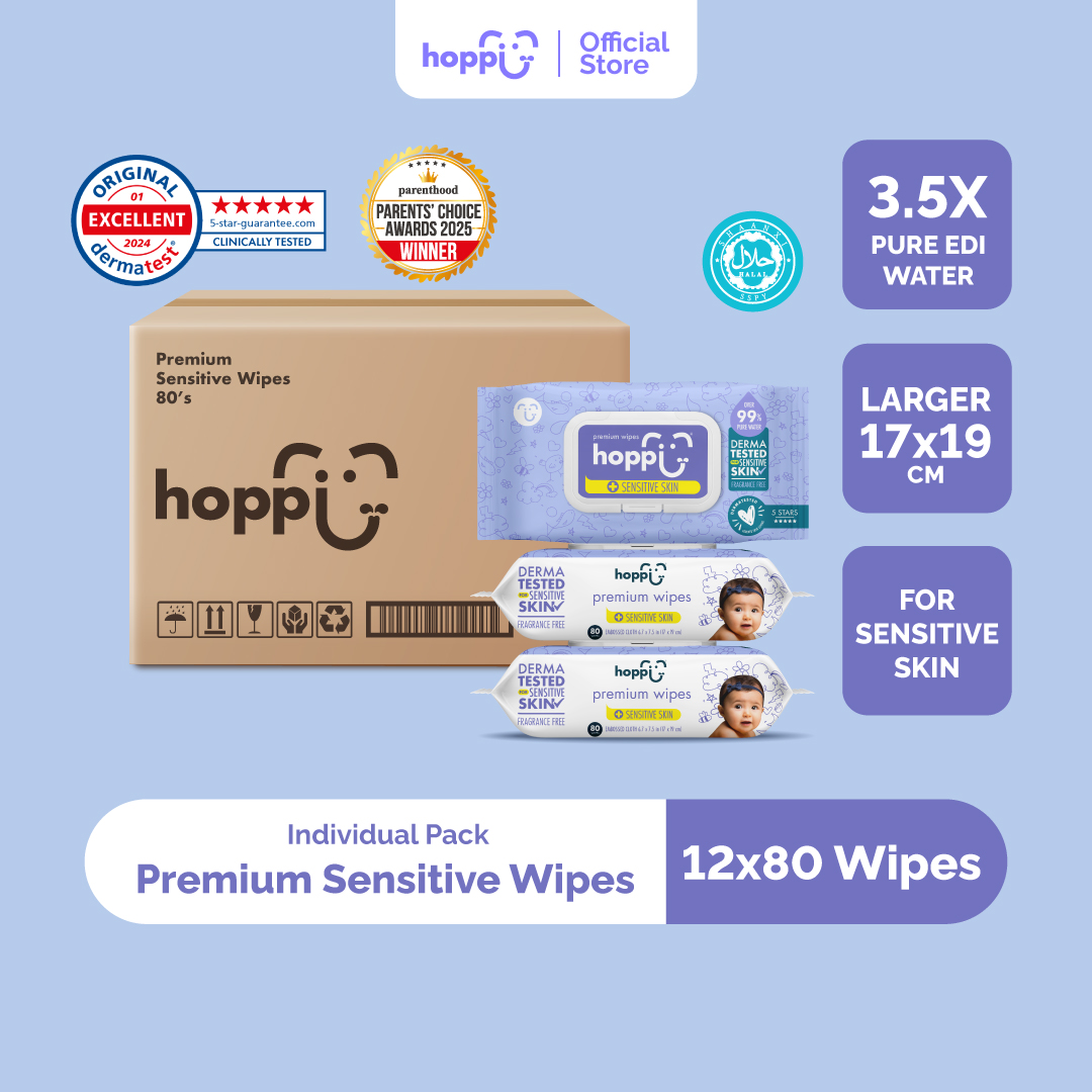 [Carton] Hoppi Premium Sensitive Wipes [German Dermatologically Tested] with Halal Certified (80 Wipes x 12 Packs)