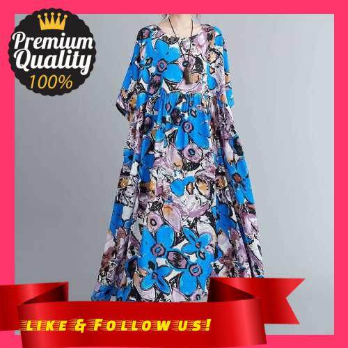 People\'s Choice Vintage Women Cotton Linen Dress Print O Neck Short Sleeve High Waist Loose Casual Summer Dress (Blue)