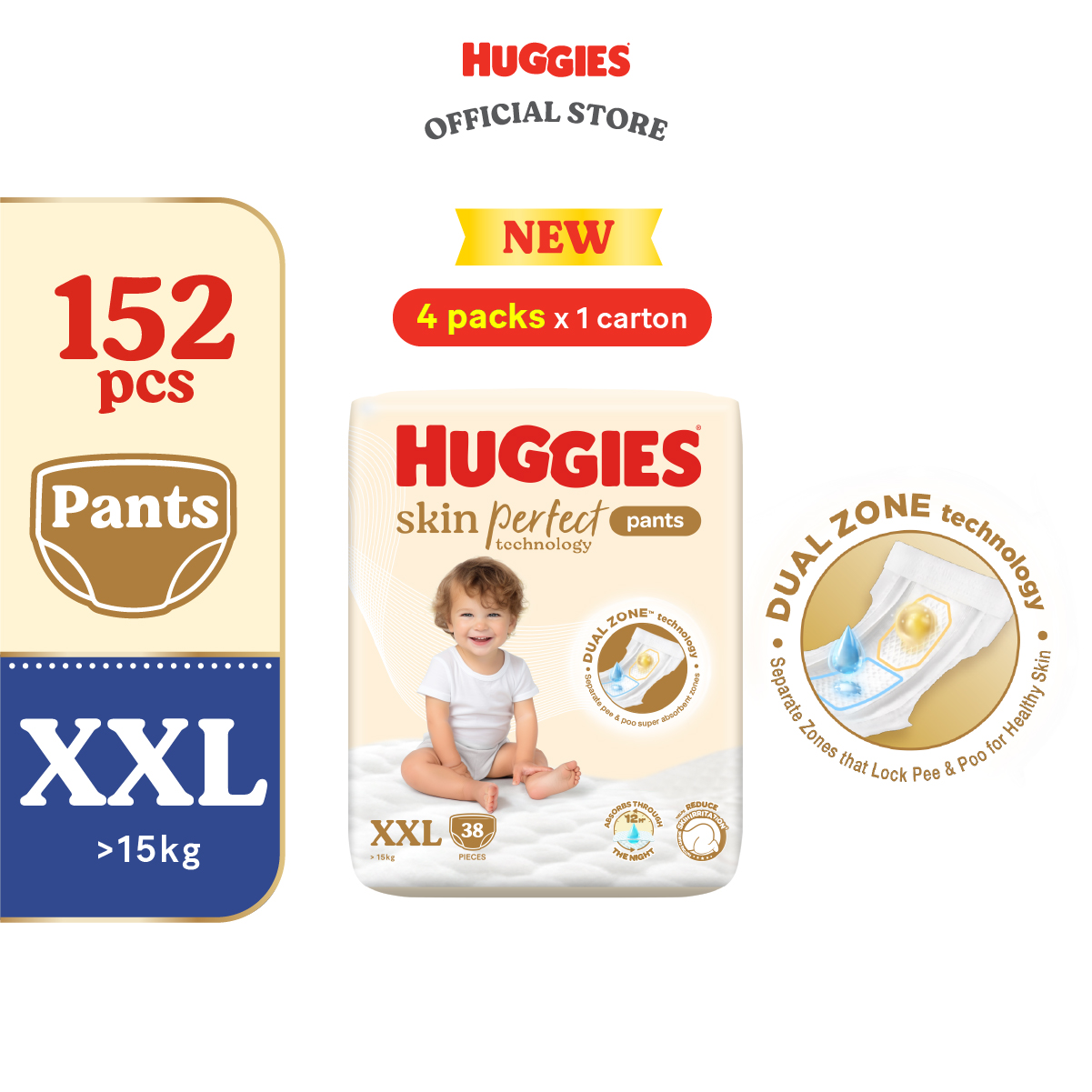 Huggies Skin Perfect Diaper NB40/S38/M46/L44/XL42/XXL38 (4 Packs) - Dual Zone Liner Separate Baby Pee & Poo