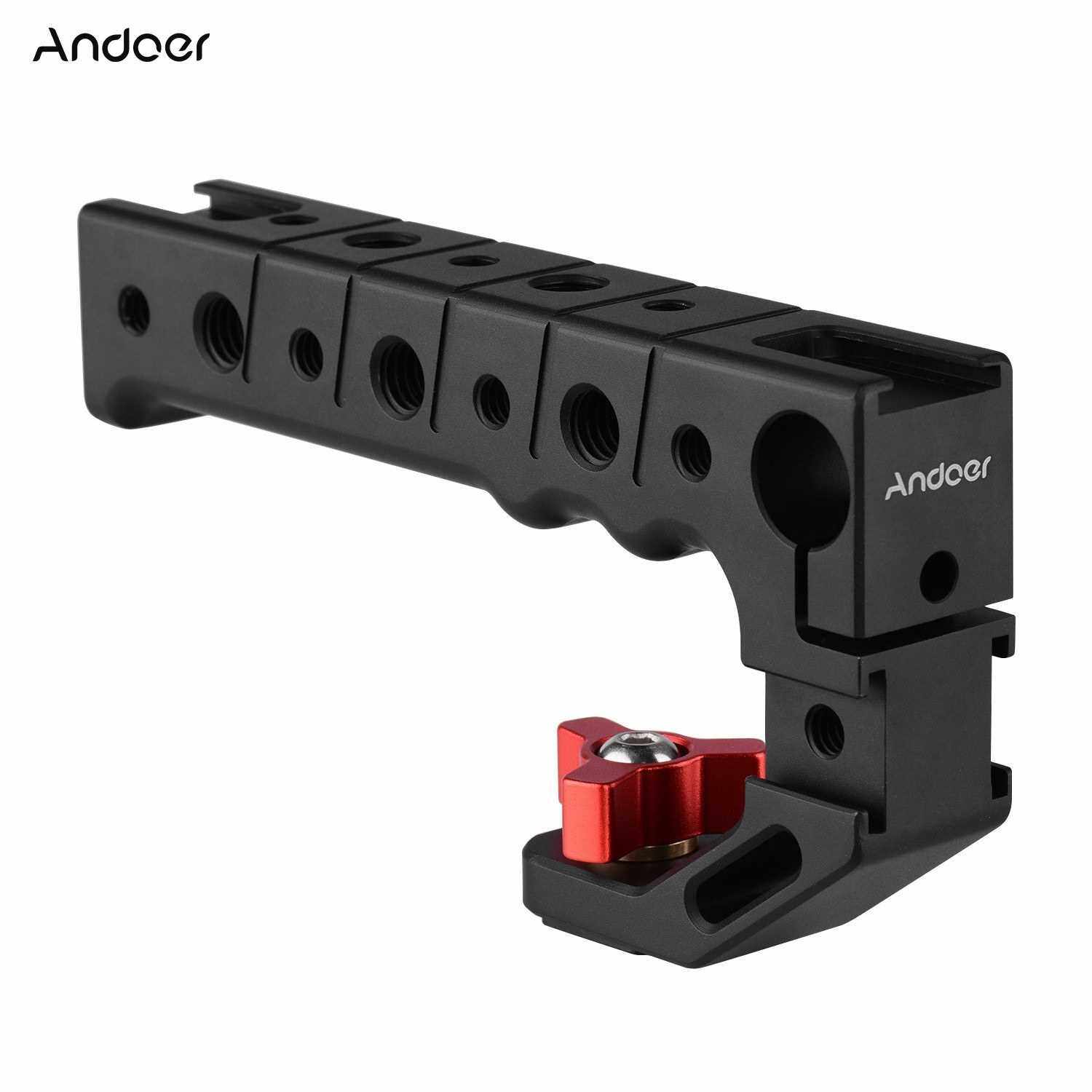 Andoer Aluminum Alloy Camera Handle Grip with Cold Shoe Mount 1/4 3/8 Threaded Holes 15mm Rod Clamp for Microphone LED Light Mounting Replacement for Camera and Rig (Standard)
