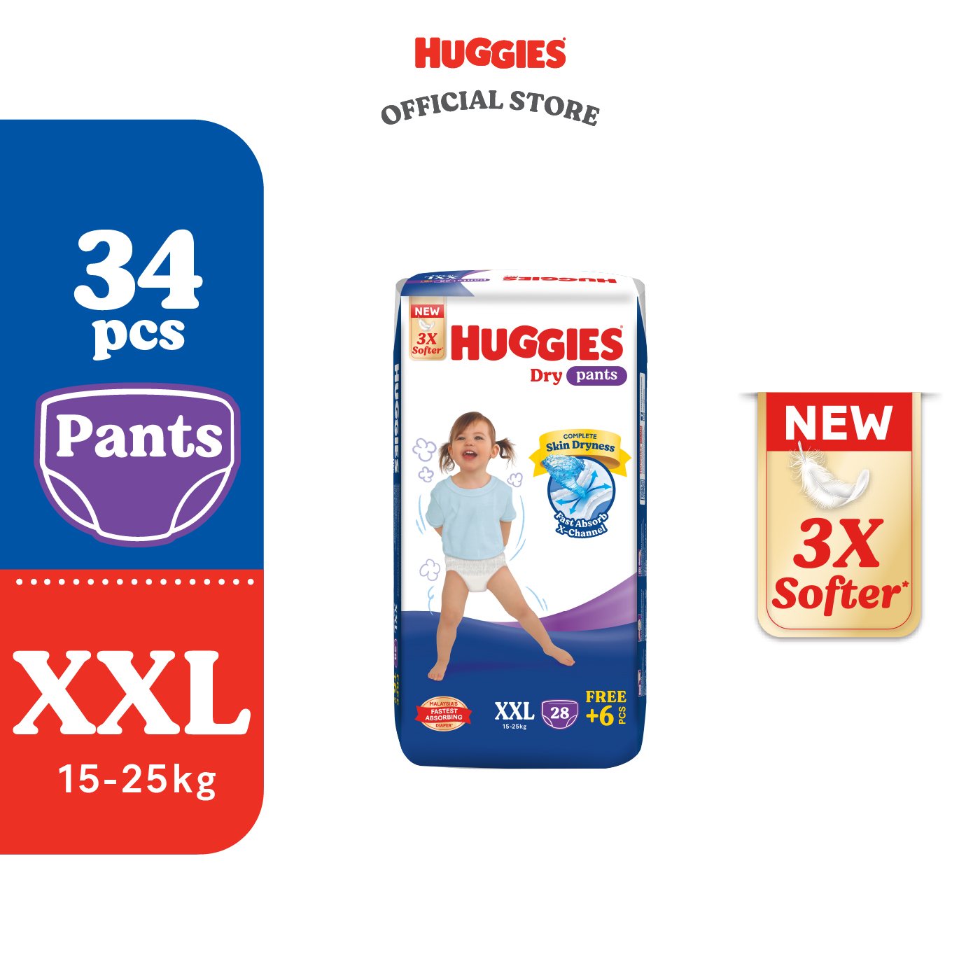 Huggies Dry Pants Diapers S64/M58/L48/XL40/XXL34/XXXL20 (1 Pack) - Fastest Absorbing Baby Diaper